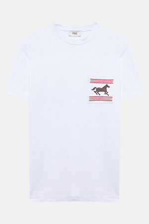 Beyaz Bisiklet Yaka Nakışlı T-Shirt